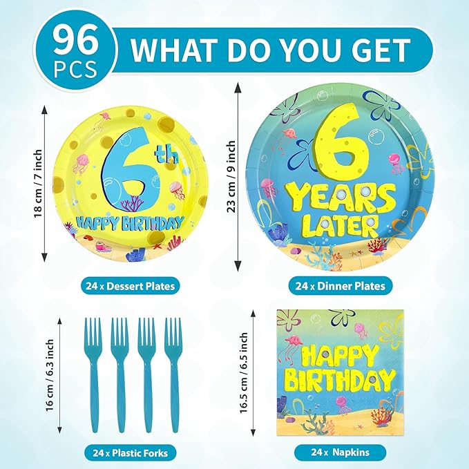 96Pcs Yellow Cartoon Party Supplies 6th Birthday Plates and Napkins Blue Yellow Ocean Disposable Paper Tableware for adults Underwater Birthday Party Supplies Serves 24