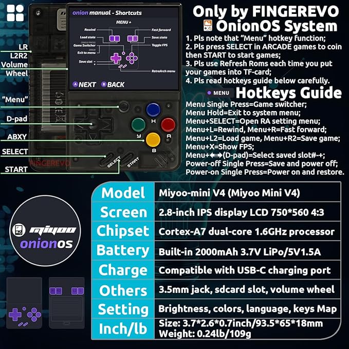Miyoo Mini V4 OnionOS Handheld Game Console 2.8-inch 750*560 IPS Screen Miyoo-mini v4 Onion-System with Portable Case T-Black