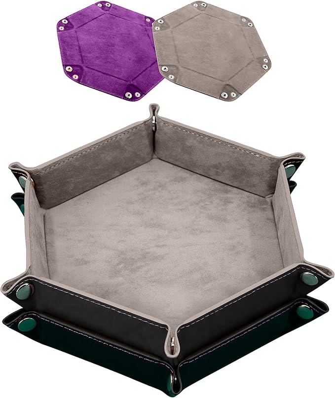 SIQUK 2 Pieces Dice Tray PU Leather Dice Trays Folding Hexagon Dice Holder Tray for Dice Games Like RPG, DND and Other Table Games (Gray and Violet)