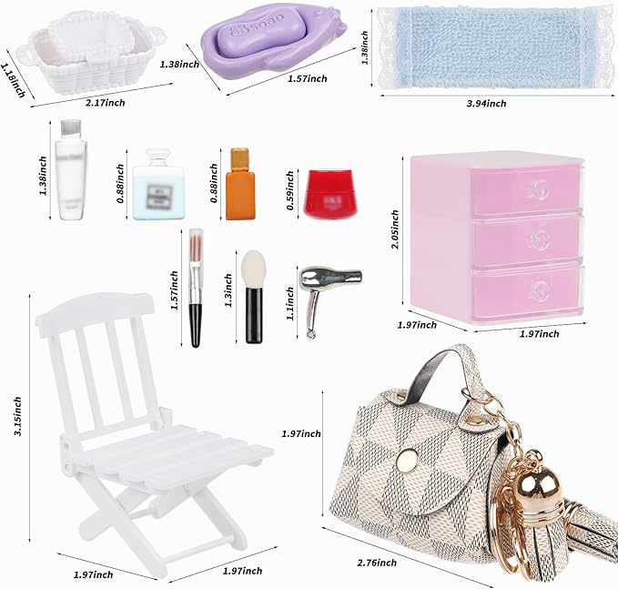 77Pcs Dollhouse Bathroom Accessories Set - Miniature Makeup & Toiletries with Storage Cases, Handbag, Hair Dryer - 1:12 Scale Doll House Decor for Girls