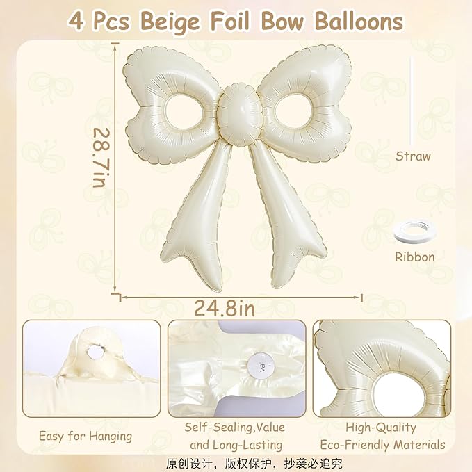 4 Pcs Cream Bow Balloons, 31”Huge Beige Bow Aluminum Foil Balloons for Birthday, Baby Shower, Wedding, Bridal, Engagement, Bachelorette, Gender Reveal, Princess Party Decorations Supplies