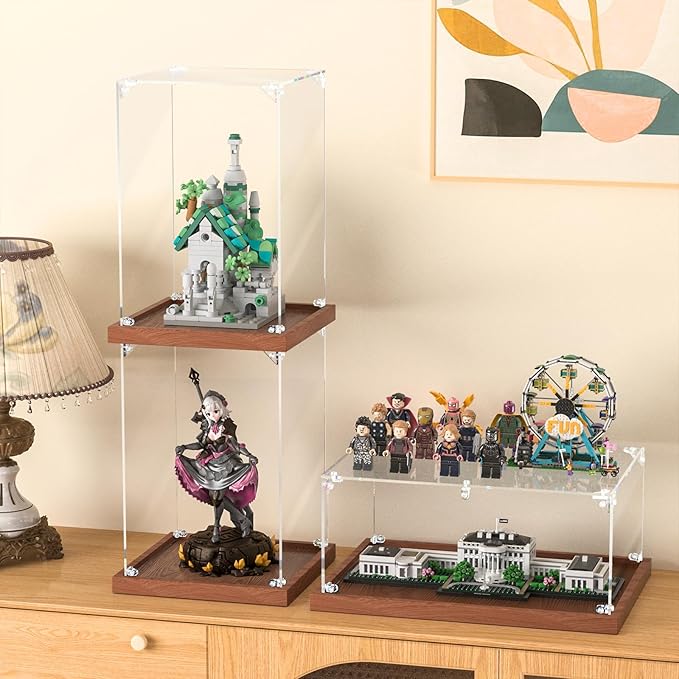 Acrylic Display Case for Collectibles Assemble Clear Acrylic Boxes for Display Lego Action Figures Doll Hobby Toys, Wood Base (14 x 10 x 6 inches, 35 x 25 x 15 cm)