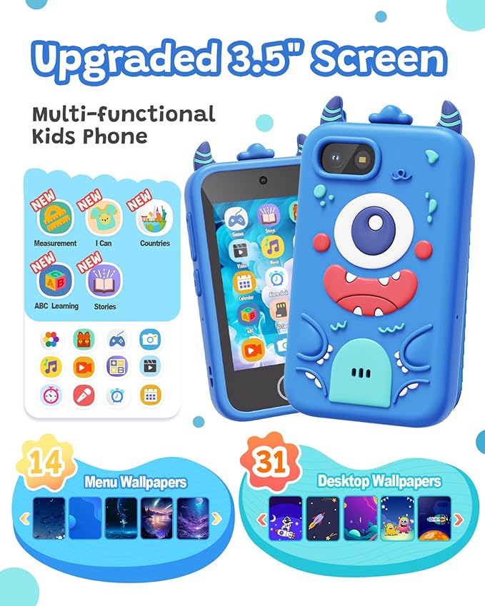 Kids Phone with Dual Camera, 3.5'' Touchscreen Kids Smart Phone for Boys Age 3-10 Christmas Birthday Gifts, Educational Toys Phone with Music Player, Habit Tracker, ABC Learning