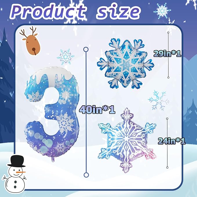 40 Inch Frozen Balloons number 3 Birthday Balloon,2 Giant snowflake foil balloons, 2 blue and silver star foil balloons Frozen Theme Party Supplies Winter Party Decoration For Girl's Birthday