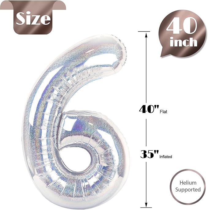 Laser Silver 6 Balloon, Number Balloons 40 Inch, 6th Balloons for Birthday Decorations, Laser Silver Party Supplies 6 Birthday Balloon, Number 6 Balloon