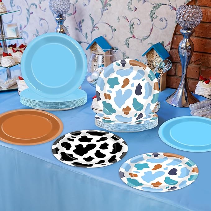 CHUNNIN 48Pcs Western Cowboy Party Paper Plates 7” Toy Blue Brown Cartoon Story Party Supplies Cow Print Disposable Dinner Plate for Western Theme Farm Birthday Baby Shower Farmhouse Party Decorations