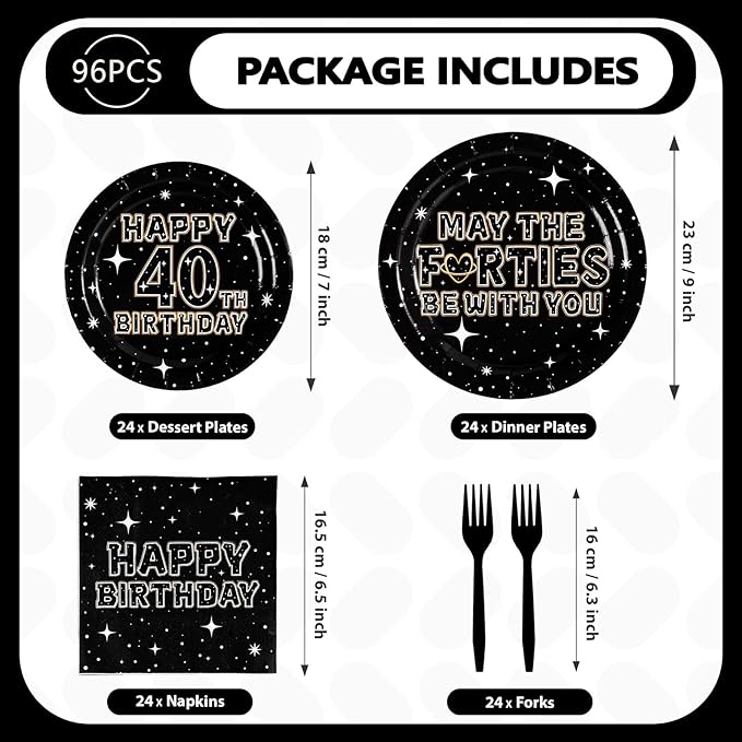 96Pcs May The 40th Be With You Party Decorations Galaxy Stars 40th Birthday Plates and Napkins Sets Happy 40 Years Old Birthday Decorations for Men Women Forty Wedding Anniversary Supplies Serve 24