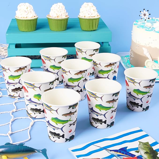 WERNNSAI 64PCS Fish Party Decorations - Gone Fishing Party Decorations Fishing Plates Napkins Cups Set for Boys Litter Fisherman Birthday Baby Shower Decorations
