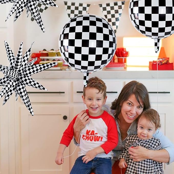 TONIFUL 8Pcs 22Inch Black Checkered Large 4D Giant Round and Star Balloons Explosion Star Mylar Balloons Set for Christmas New Year Birthday Wedding Bridal Shower Anniversary Photo Booth Supplies