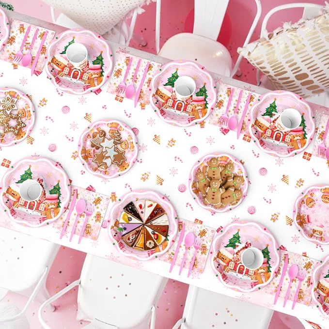 194 Pcs Christmas Party Supplies Decorations Pink Gingerbread Party Decorations Gingerbread House Cookie Christmas Disposable Tableware Set with Plates Napkins and Tablecloth Serves 24 Guests