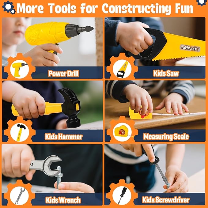 Construction Worker Costume for Kids, Toddler Dress Up Clothes with Kids Tool Set, Construction Vest & Hat, Helmet Light, Electric Drill, Toddler Costumes Pretend Play Toys for Boys Gift Age 4+