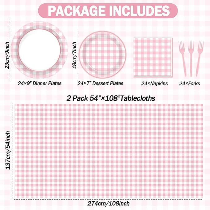 98 Pieces Pink checkered Party Supplies for 24 Guests Pink and White Checkered Tableware Set Plaid Plates Napkins Tablecloth Party Decorations for Birthday Barbecue Picnic Dinner Favors