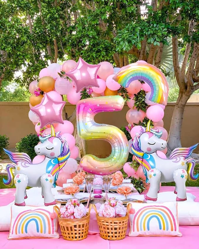 6PCS Self Standing Unicorn Balloons, Unicorn Balloon, Large Rainbow Balloon, Colorful Number 5 and Star Balloons for Girl 5th Birthday Party Decorations Supplies.(5th)