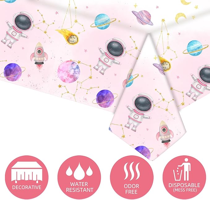 3pcs Pink Space Party Tablecloth First Trip Around The Sun Birthday Space Theme Disposable Rectangle Table Cover Decorations,Outer Space Sun Theme Party Baby Shower Supplies