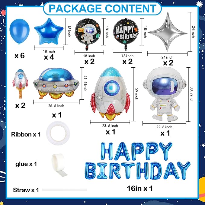 Space Birthday Decorations UFO Astronaut Rocket Balloons, Aluminium Foil Happy Birthday Banner Outer Space Themed Party Supplies for Boys Kids