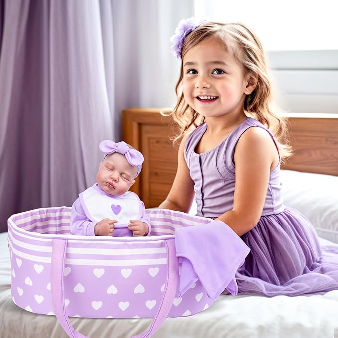 AORI Reborn Baby Dolls Bassinet - Foldable Doll Crib Bed Soft Doll Carrier Accessories with Handle for 17-22 Inches Newborn Baby Girls (Purple)