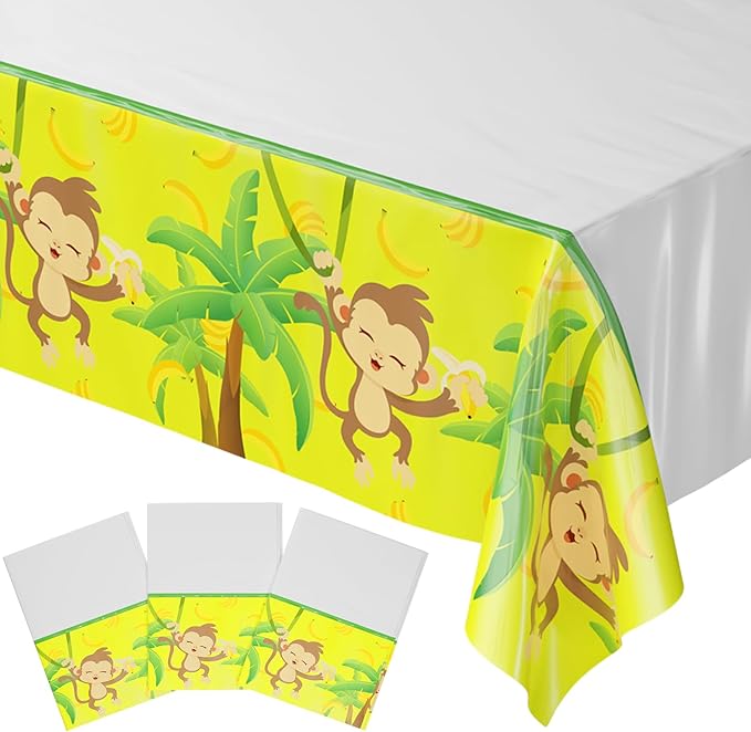 Blue Orchards Monkey Party Table Covers (Pack of 3) - 54"x108" XL - Monkey Birthday Party Supplies, Jungle Tablecloth for Boys & Girls