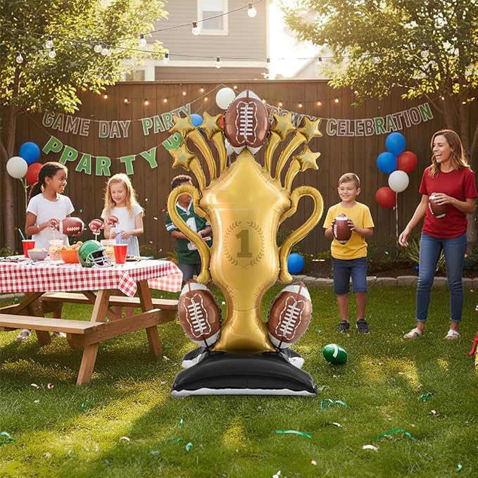 Football Party Decorations, 59 Inch Standing Football Champion Trophy Balloons for Party Supplies, Sports Theme Birthday, Game Day Celebration, Outdoor & Indoor Photo Backdrop