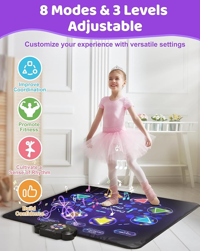 Dance Mat Toys for Kids: LED Light-Up 8-Button Dance Pad with Adjustable Volume, Rechargeable, Bluetooth Function, Built-in Music, 8 Modes & 3 Difficulty Levels, Xmas Gifts for Kids Ages 3-12