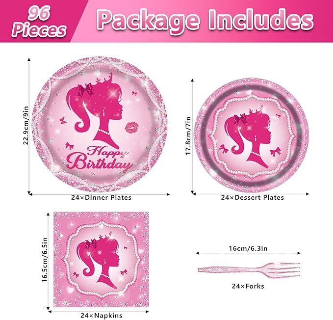 96PCS Pink Girl Plates and Napkins Tableware Set Pink Girl Party Supplies Pink Girl Birthday Party Decorations Pink Princess Theme Party Dinnerware Set Pink Girl Paper Plates Napkins Forks Serve 24