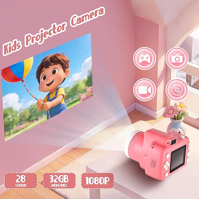 Kids Digital Camera with Video Games, Digital Camera for Kids Fhd 1080P, Kids Video Camera Digital Camcorder with Projector Stent for Gifts Blue