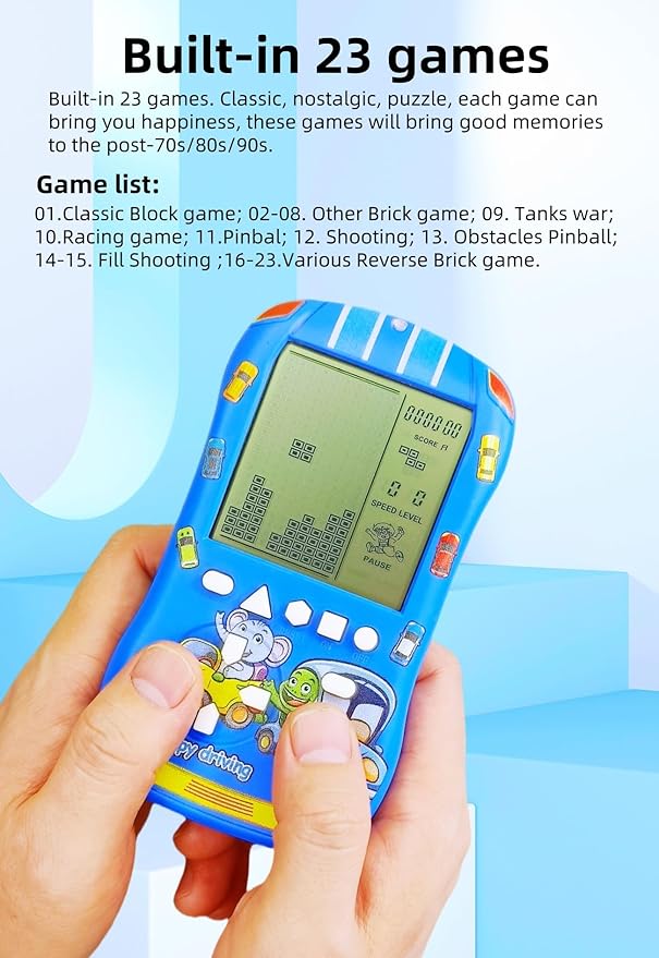 Sports Car Appearance Block Game Console Big Screen Built-in 23 Brick Games 824 Modes Adjustable Speed/Difficulty 70s/80s/90s Handheld Game Decice Kids/Teens/Birthdays (Blue)