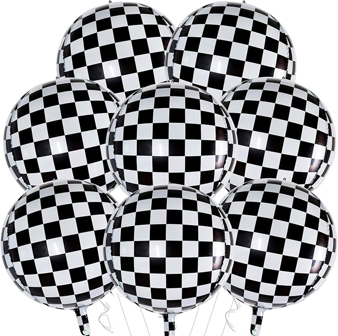 TONIFUL 8Pcs Large Checkered 4D Giant Round Foil Balloon 22inch Big Mirror Metallic Mylar Sephere Balloons for Christmas New Year Birthday Party Graduation Wedding Baby Shower Decoration Supplies