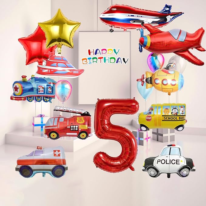 12pcs Transportation Balloons, Truck Plane School Bus Fire Truck Police Car Ship Ambulance Submarine Foil Balloon, Transportation 5th Birthday Vehicles Theme Party Supplies Decorations (5th)