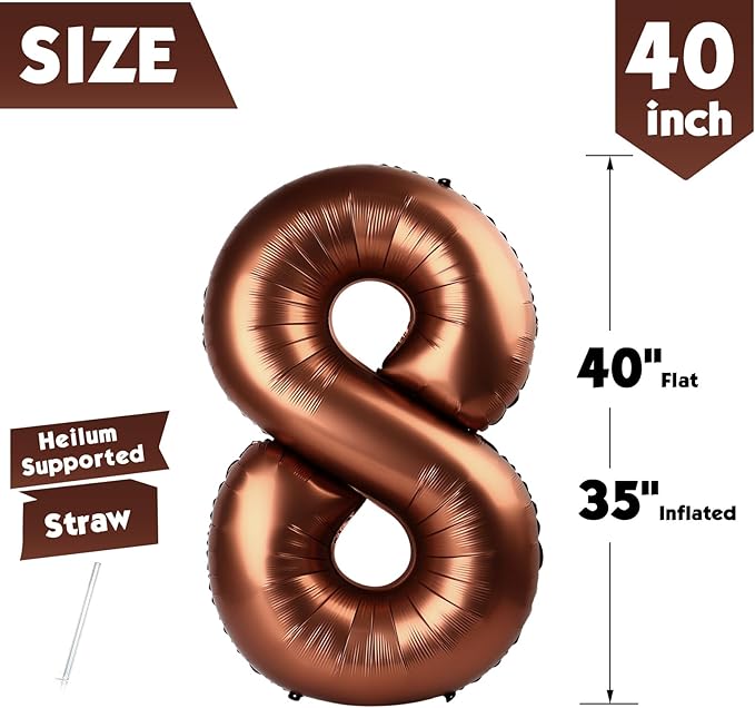 40 Inch Coffee Brown Number 8 Balloon, Giant 8 Number Balloons for 8th Birthday Decorations, Party Supplies for Baby Boy Girl, Coffee Brown Party Decor
