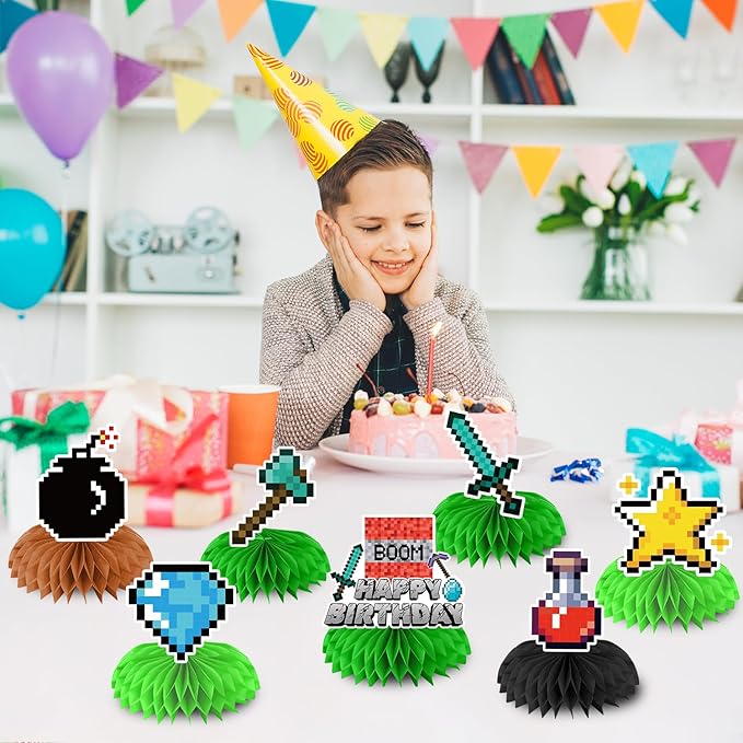 Pixel Birthday Party Decorations, Double Sided Honeycomb Centerpieces for Table Decorations, Cartoon Birthday Party Supplies