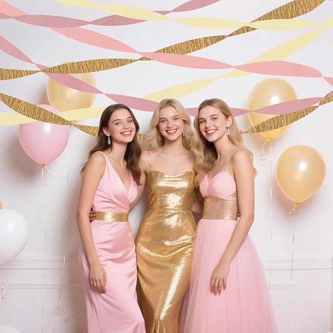 Riqiaqia Streamers Party Decorations,8 Rolls Pink Gold Crepe Paper Streamers for Wedding, Birthday, Bachelorette, Bridal Showerand Baby Shower Girl
