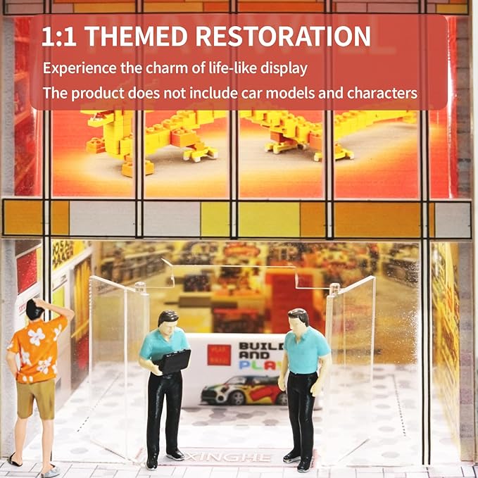 1/64 Model Car Display Shop Case for Adults, Premium in-House-Design Scale Diecast Parking Garage for Toy Cars, Toys Car Garage, Scenic Diorama Display Car Park with ith LED Lamps, Gifts for Men