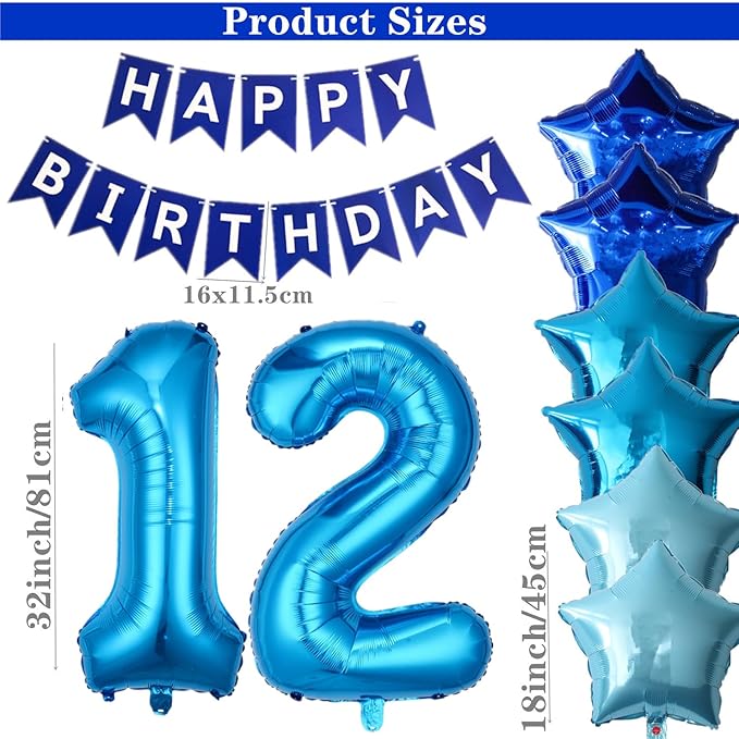 12th Birthday Decorations for Boys Blue 12th Happy Birthday Banner Party Supplies Number 12 Balloons Fringe Curtain 12 Years Old Bday Party Supplies Kit for Him Her Girls (Blue)