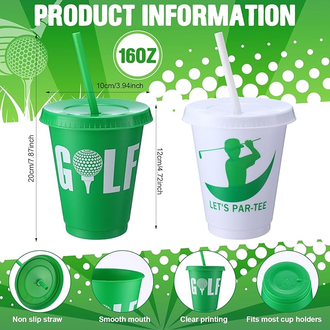 Sieral 30 Pcs Golf Cups with Straws and Lids, 16 oz Reusable Plastic Tumblers Golf Ball Party Cups Iced Coffee Travel Mug for Theme Party Favors Birthday Decorations