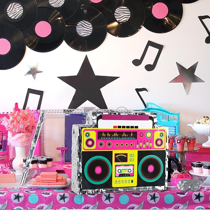 Boombox Pinata with Stick & Hanging Loop Retro 90s Theme Radio Music Mexican Pinata for Birthday Party Games Back to the 80s Party Supplies for Kids & Adults