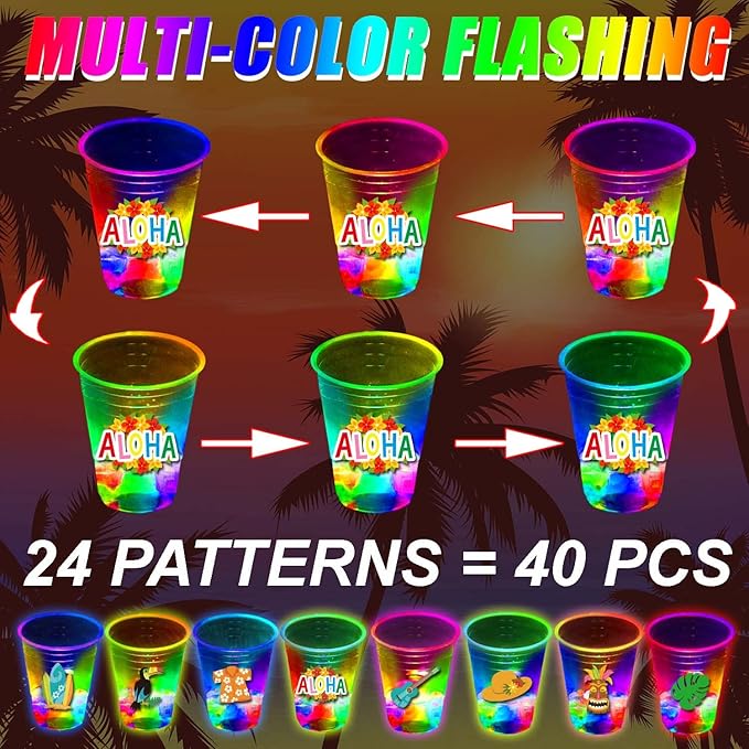 mishunyus 40 Pcs Luau Party Decorations,Glow Luau Cups,Tropical Cups,Glow Luau Party Birthday Decorations,Hawaiian Party Supplies,Hawaiin Party Decor for Luau,Aloha Party Favor,Luau Flamingo Decor