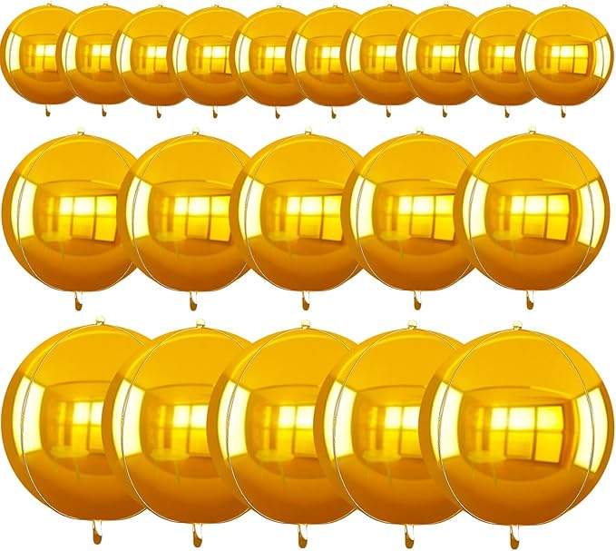 TONIFUL 16Pcs Large Gold 4D Giant Round Foil Balloon 4D Mirror Metallic Mylar Sephere Balloons for Christmas New Year Birthday Party Graduation Wedding Baby Shower Decoration Supplies(Mix Sizes)