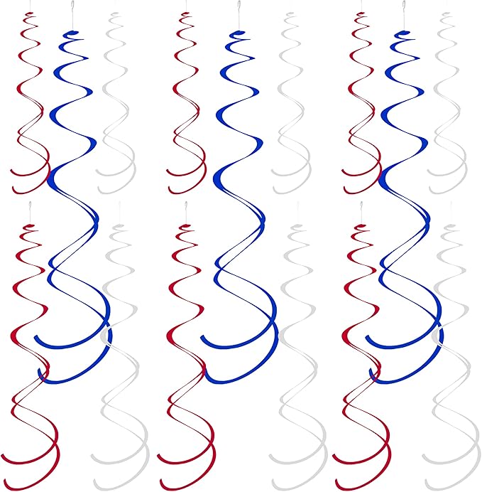 Ceiling Swirl Foil Decorations Hanging Plastic Streamer Themed Swirl Party for 4th of July Graduation Celebration Labor Day, Pack of 28 (Blue Red and Sliver)