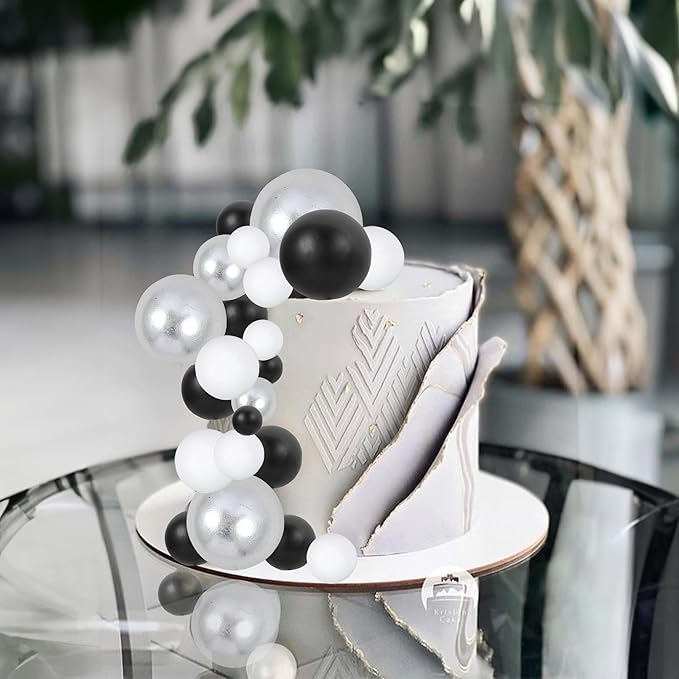 Gyufise 30Pcs Balls Cake Toppers Ball Picks Ball Shaped Cupcake Toppers Foam Balls Cake Topper Mini Balloons Cake Decorations for Wedding Baby Shower Birthday Party Supplies Black White Silver