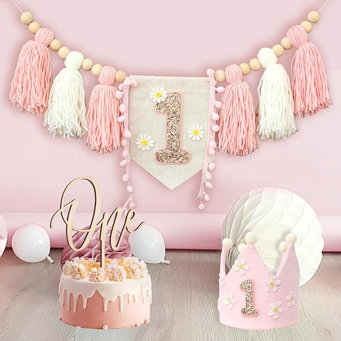 Daisy 1st Highchair Wood Bead Tassel Garland Crown Hat Wooden Cake Topper Birthday Baby Shower Decorations