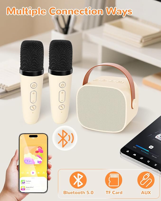Mini Karaoke Machine for Kids Gifts for Girls Boys with 2 Wireless Microphones,4 Magic Voices,Portable Design for Indoor Outdoor Party Singing Fun,Birthday Christmas Toys for Children 3-12 Beige