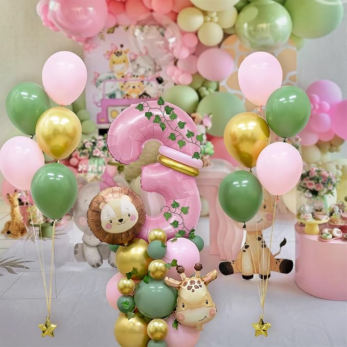 Jungle Safari Birthday Balloons, Pink Animal Balloons Birthday Party Supplies for Safari Birthday Wedding Shower Party Decorations (Number 3)