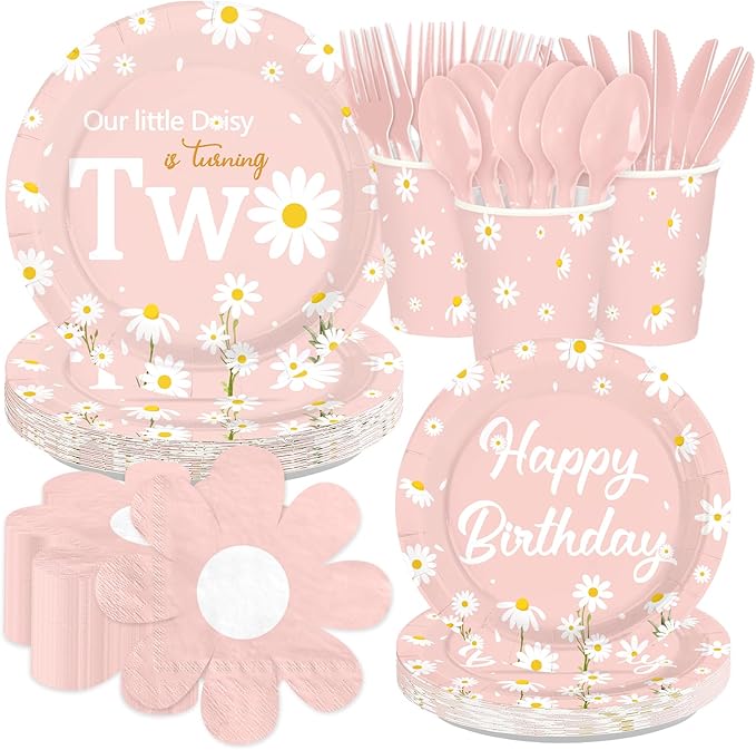 168Pcs Daisy 2nd Birthday Party Decoration Two Groovy Birthday Plates Napkins Cups Forks Knives Spoons Our Little Daisy is Turning Two Paper Tableware for Girls 2 Year Old Party Supplies Serves 24