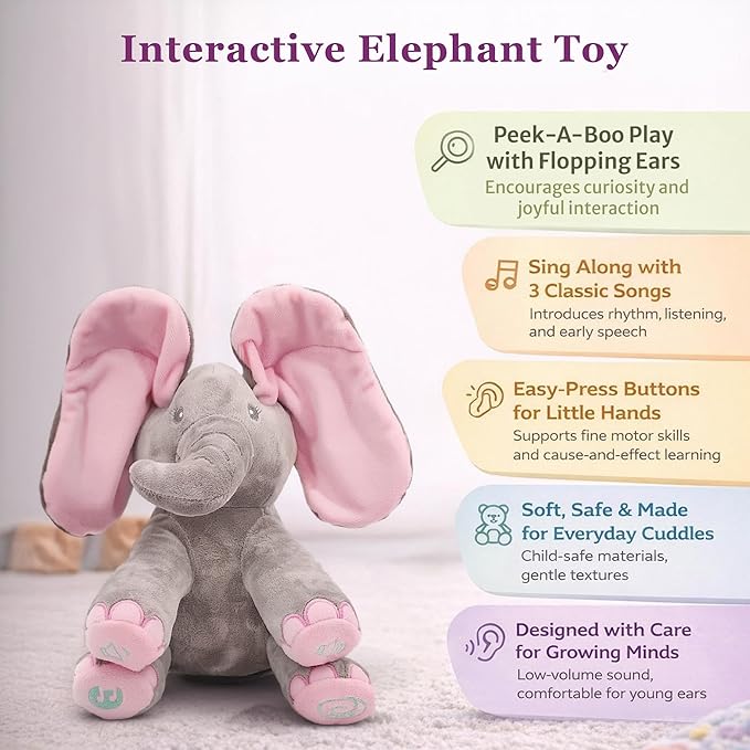 Dimple Kaia Elephant Stuffed Animal Toy - Animated Plush Pink Singing Elephant, Interactive Musical Peek-a-Boo for Babies, Kids, for Toddlers, Ages 0 and Up(Battery Included)