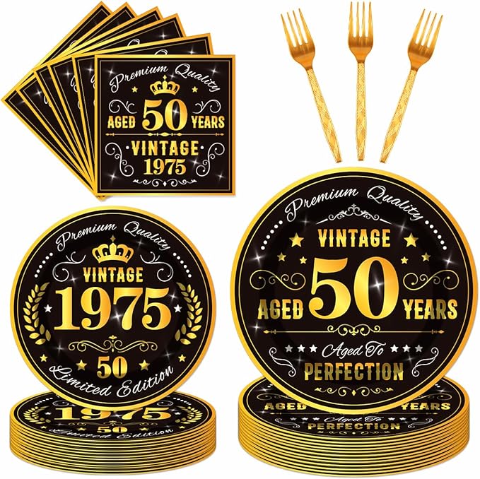 96PCS 50th Birthday Plates and Napkins Party Supplies 50th Birthday Decorations for Men 5oth Anniversary Decorations Vintage 1975 Party Tableware Sets Serve 24 Guests