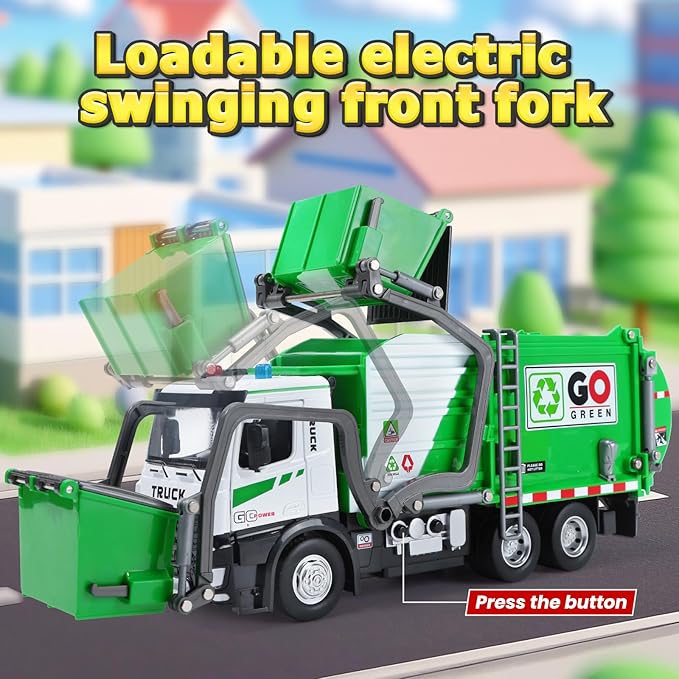 HOLYFUN 12'' Electric Garbage Truck Set with Front Loader/Metal Cab, Friction-Powered Recycling Vehicle with Dumpster, 4 Trash Bins & Sorting Cards, Trash Truck Toy with Lights/Sounds for Kids