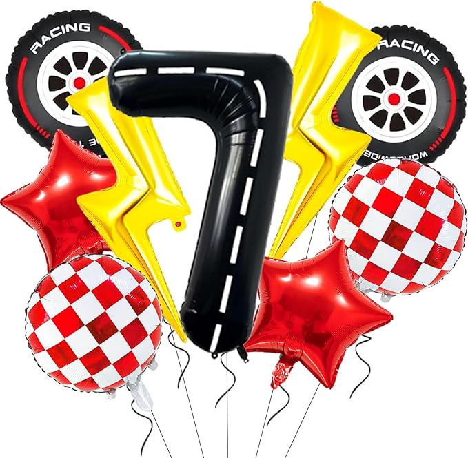 Race Car Birthday Party Decorations Large Lightning Bolt Foil Balloons Race Car Balloons 40 Inch Racetrack Number 7 Balloon for Boys 7th Race Car Birthday Party Decor Supplies