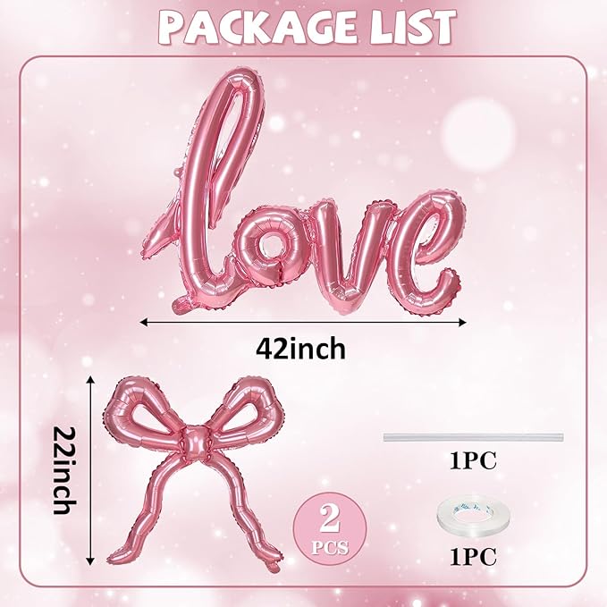 Pink Love Bow Balloons Set, 42 Inch Giant Foil Love Letter Balloon 22 Inch Bow Mylar Balloons for Girls Women Pink Coquette Birthday Bridal Shower Bachelorette Wedding Engagement Valentines Decoration