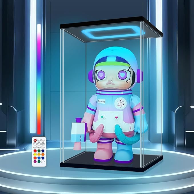 Clear Acrylic Display Case with RGB LED Top Light – Dustproof Showcase Box for Popmart MEGA 400% Labubu, Action Figures, Vinyl Toys & Collectibles – Premium Display Stand Organizer