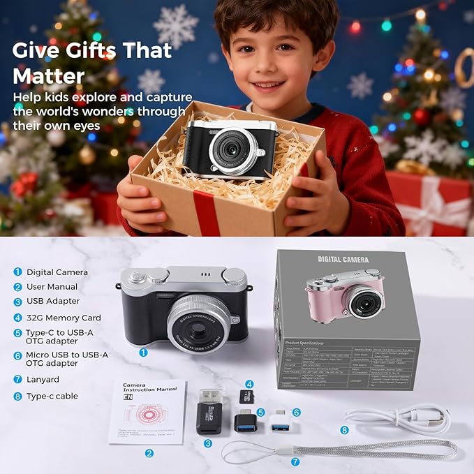 Upgrade Kids Selfie Camera, HD Digital Video Cameras for Toddler, Portable Toy for 3 4 5 6 7 8 Year Old Girl with 32GB SD Card-Black
